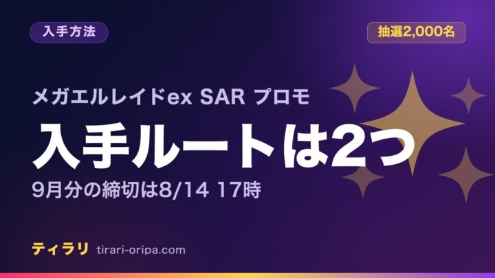 メガエルレイドexのSARプロモを手に入れる2つのルートと、9月分エントリーの締切日を整理した記事のアイキャッチ画像。右にきらめきを表す図形。