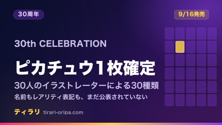 拡張パック30th CELEBRATIONはピカチュウが1パックに必ず1枚封入され、30人のイラストレーターによる30種類だが、イラストレーター名とレアリティ表記は2026年8月5日時点で未発表であることを示した記事のアイキャッチ画像。右に30種の並びを表す図形。