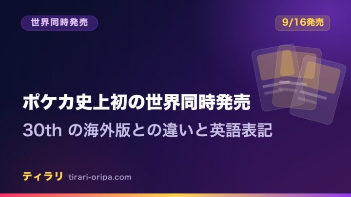 30th CELEBRATIONがポケモンカード史上初の世界同時発売で、海外版との違いや英語表記の見方を解説する記事のアイキャッチ画像。右に重なったカードの図形。