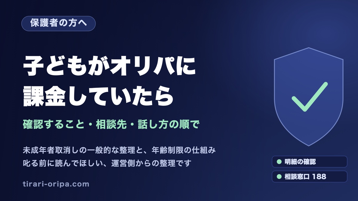 子どものオリパ課金についての保護者向け記事のアイキャッチ画像。まず明細で事実を確認し、消費者ホットライン188に相談し、頭ごなしに叱らず仕組みの話をすることを示している。右に盾とチェックリストの図。