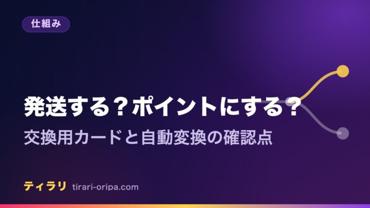 オリパの当たりを発送で受け取るかポイントで受け取るかの選び方と、交換用カード・自動変換の確認点をまとめた記事のアイキャッチ画像。右に道が二手に分かれる図形。
