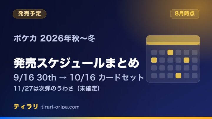 ポケモンカードの2026年秋から冬の発売スケジュールを、9月16日の30th CELEBRATIONから11月の次弾のうわさまで整理した記事のアイキャッチ画像。右にカレンダーの図形。