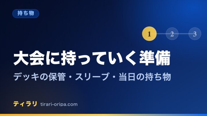 ポケモンカードの大会にカードを持っていくときの準備として、デッキの保管やスリーブ、当日の持ち物を解説する記事のアイキャッチ画像。右に手順を表す1・2・3の図形。