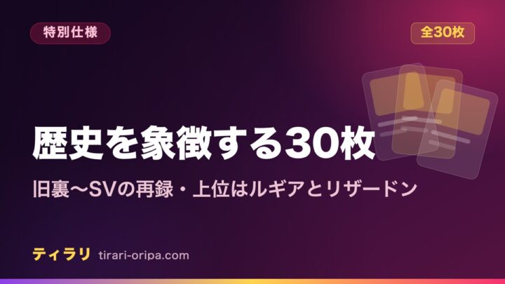 30th CELEBRATIONの特別仕様「歴史を象徴するカード30枚」の全リストと相場をまとめた記事のアイキャッチ画像。旧裏のピカチュウやひかるセレビィからコイキングARまでを時代順に整理している。右に重なったカードの図形。