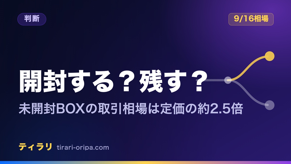 30th CELEBRATIONのパックやBOXを開封すべきか未開封で残すべきかを整理した記事のアイキャッチ画像。未開封BOXの取引相場は定価の約2.5倍という9月16日時点の数字をもとに、持っている形ごとの判断を示す。右に道が二手に分かれる図形。