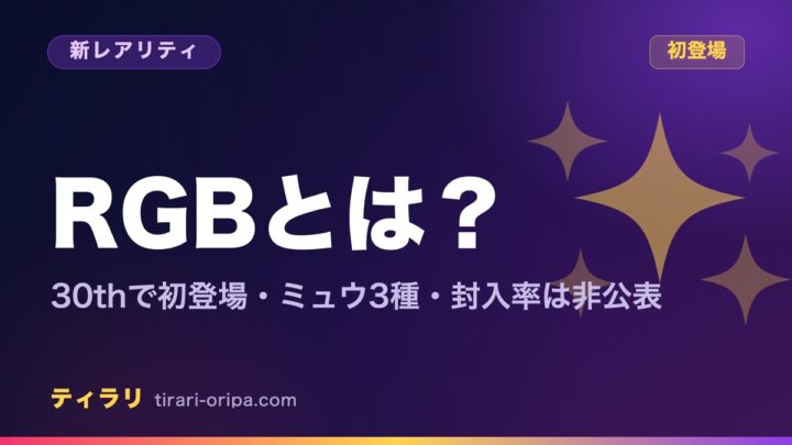 ポケカの新レアリティRGBとは何かを解説する記事のアイキャッチ画像。30th CELEBRATIONで初登場した光の三原色がテーマのミュウ3種で、封入率は非公表。右に新レアリティを表すきらめきの図形。